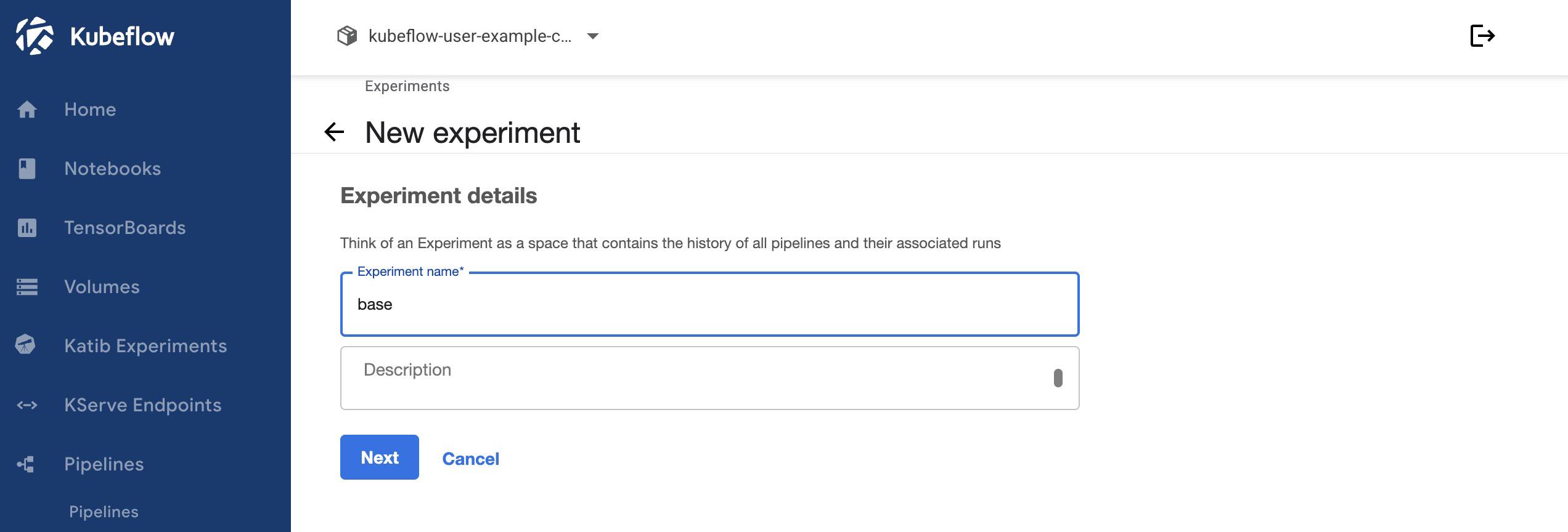 Screenshot of the “New Experiment” page within Kubeflow
