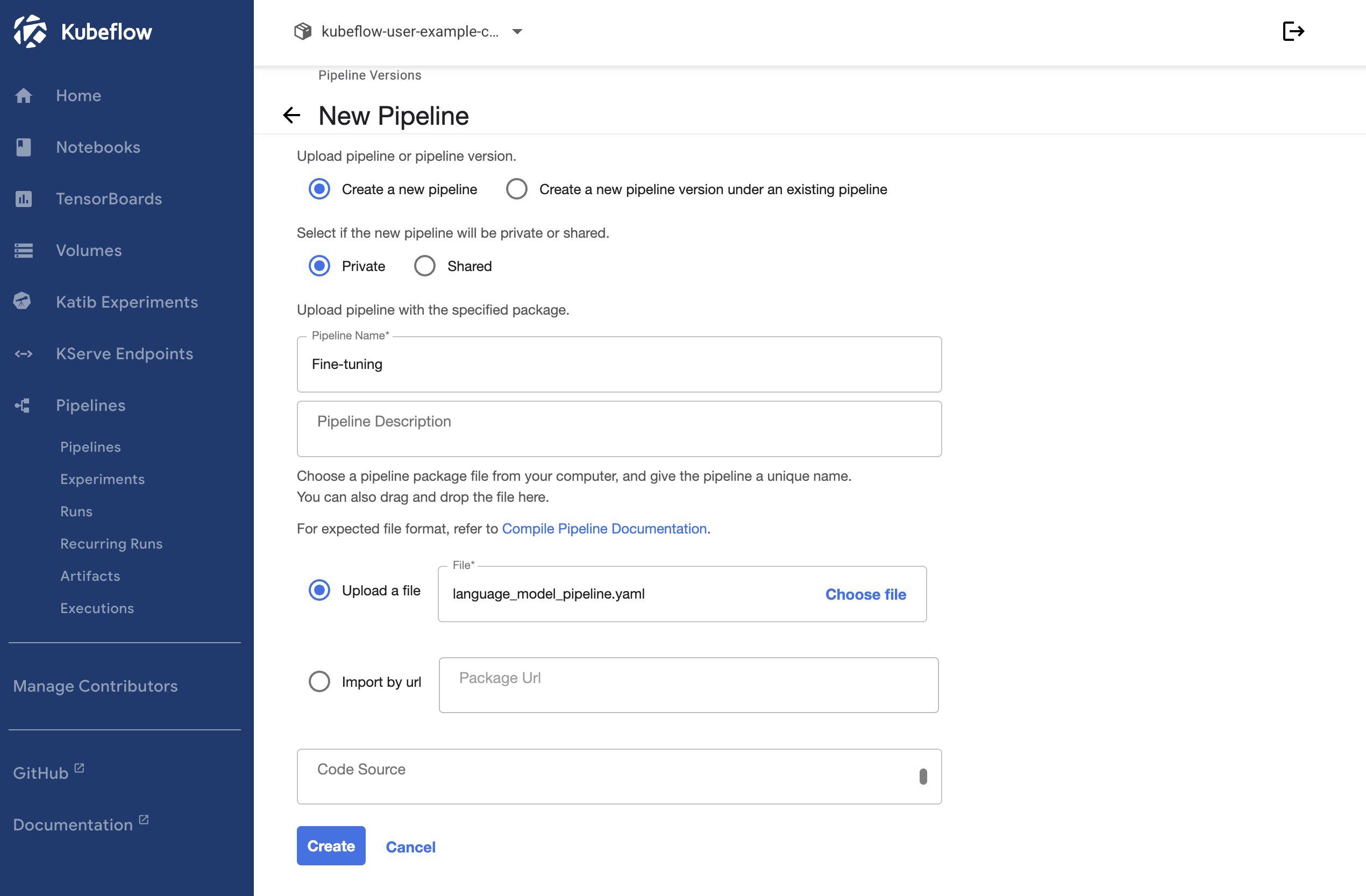 Screenshot of the “New Pipeline” page within Kubeflow Screenshot of the “New Pipeline” page within Kubeflow
