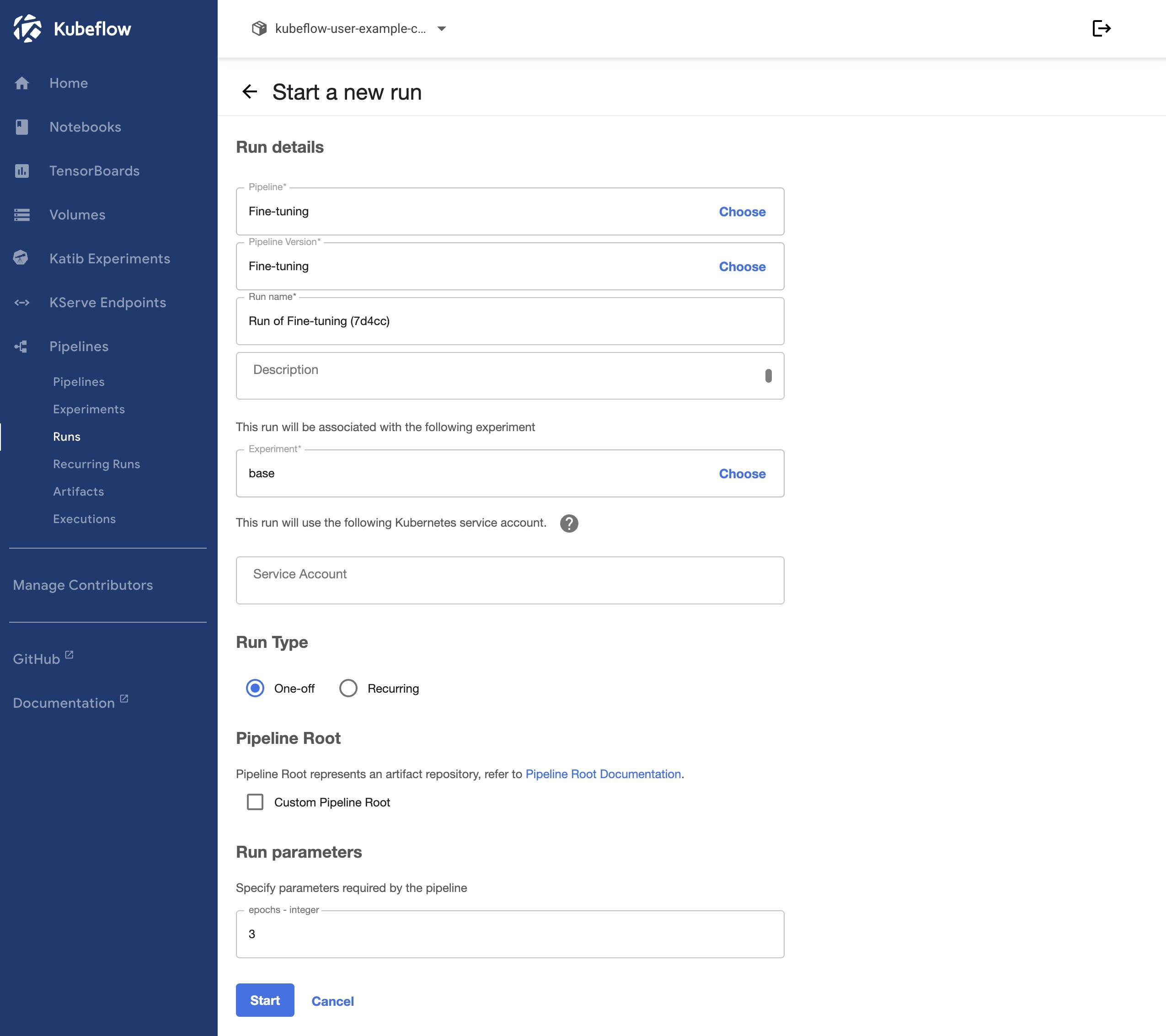 Screenshot of the “Start a new run” page within Kubeflow Screenshot of the “Start a new run” page within Kubeflow