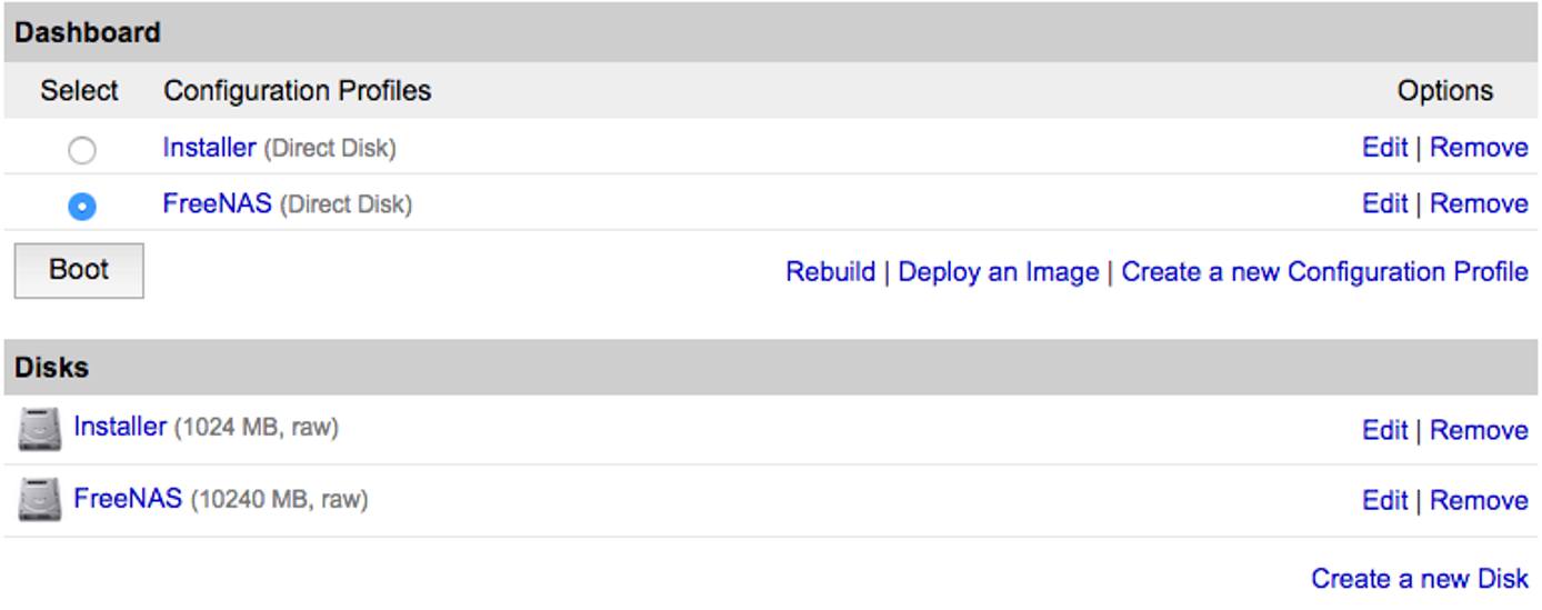 Screenshot of the Dashboard, ready to reboot into the FreeNAS profile. Screenshot of the Dashboard, ready to reboot into the FreeNAS profile.