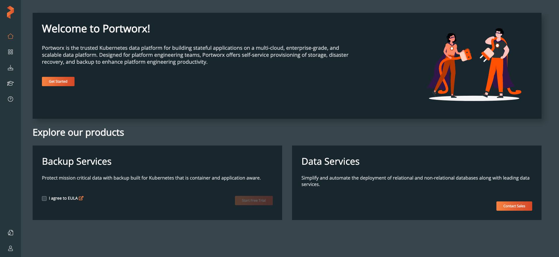 The “Welcome to Portworx” section of the Portworx Central Home page.