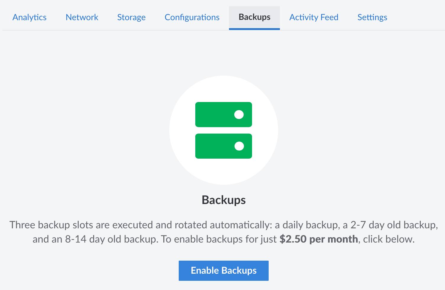 Enable Linode Backups by navigating to the individual Linode’s backup menu